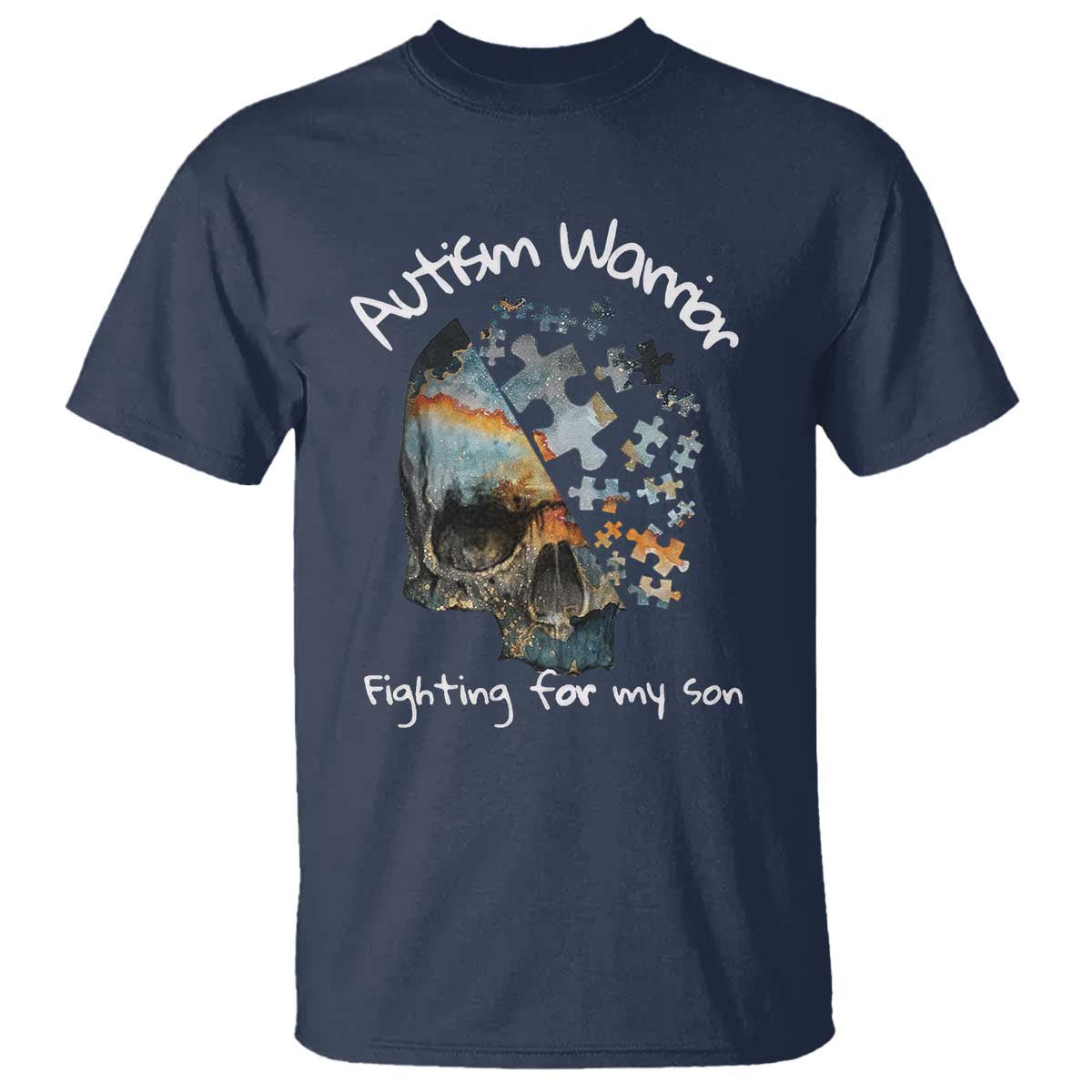 Skull Autism Warrior T Shirt Fighting For My Son Love Support TS01 Navy Printyourwear