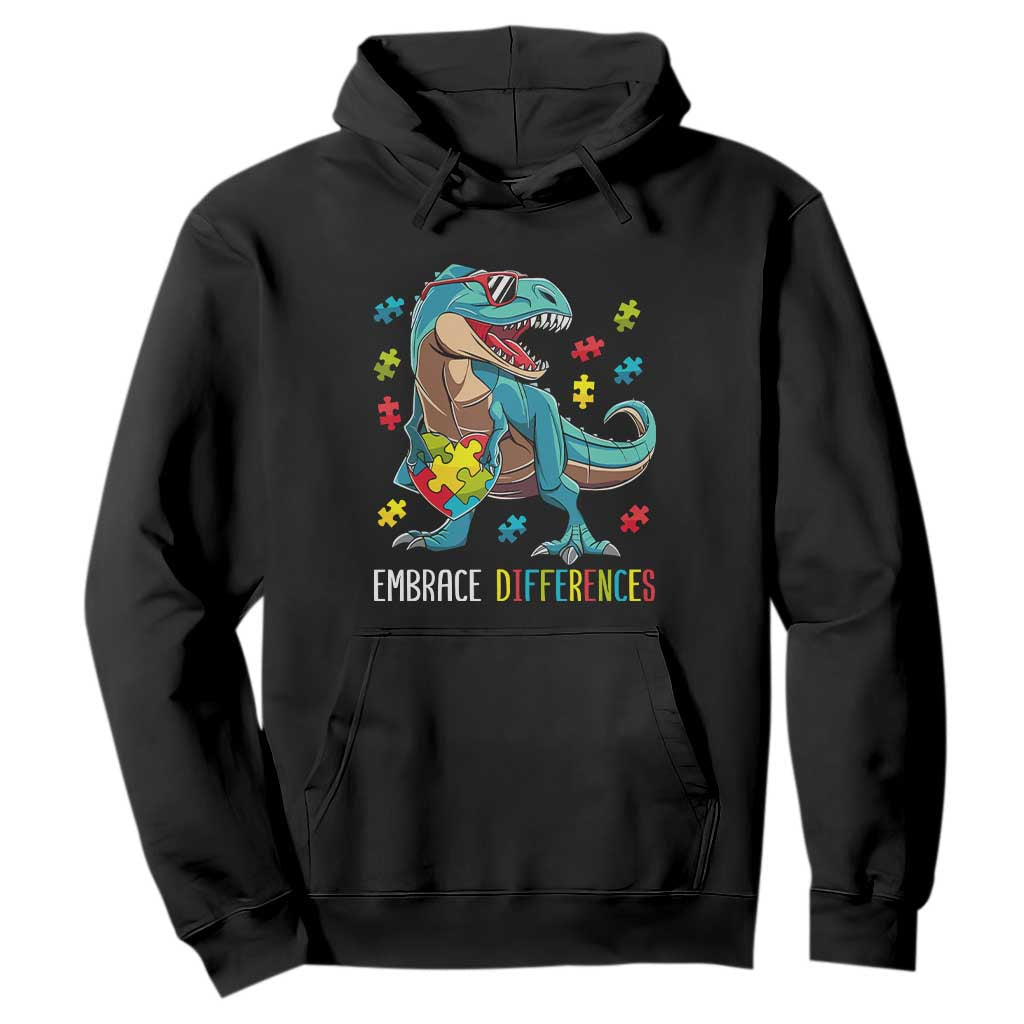 Dinosaur Autism Hoodie Embrace Differences Proud Autistic Puzzle Heart TS01 Black Printyourwear