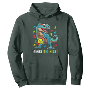 Dinosaur Autism Hoodie Embrace Differences Proud Autistic Puzzle Heart TS01 Dark Forest Green Printyourwear
