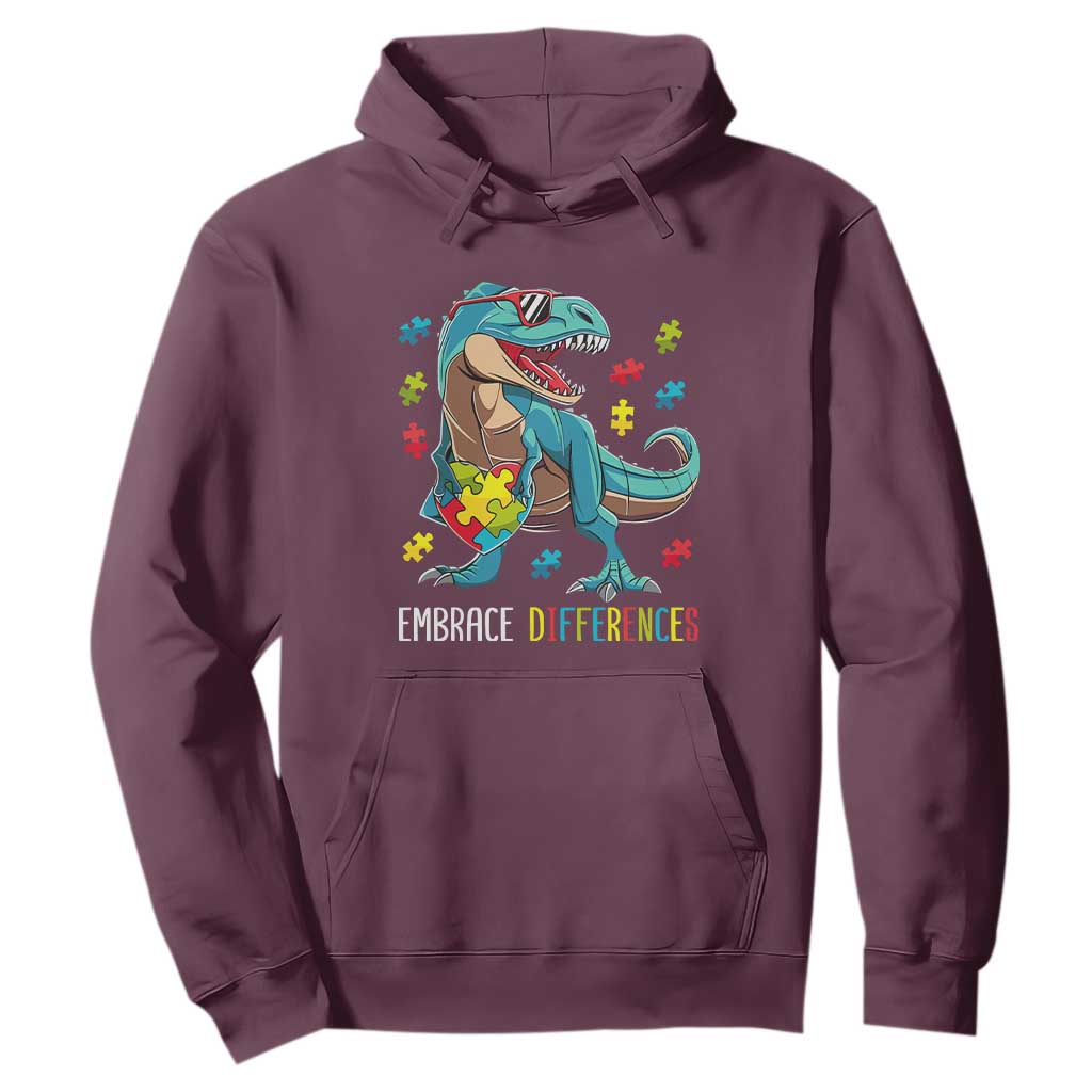 Dinosaur Autism Hoodie Embrace Differences Proud Autistic Puzzle Heart TS01 Maroon Printyourwear