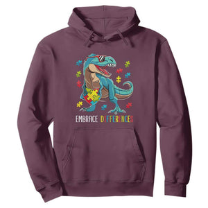 Dinosaur Autism Hoodie Embrace Differences Proud Autistic Puzzle Heart TS01 Maroon Printyourwear