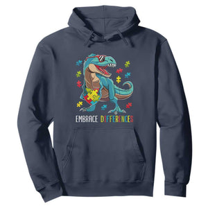 Dinosaur Autism Hoodie Embrace Differences Proud Autistic Puzzle Heart TS01 Navy Printyourwear