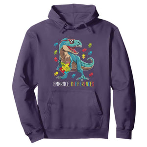 Dinosaur Autism Hoodie Embrace Differences Proud Autistic Puzzle Heart TS01 Purple Printyourwear