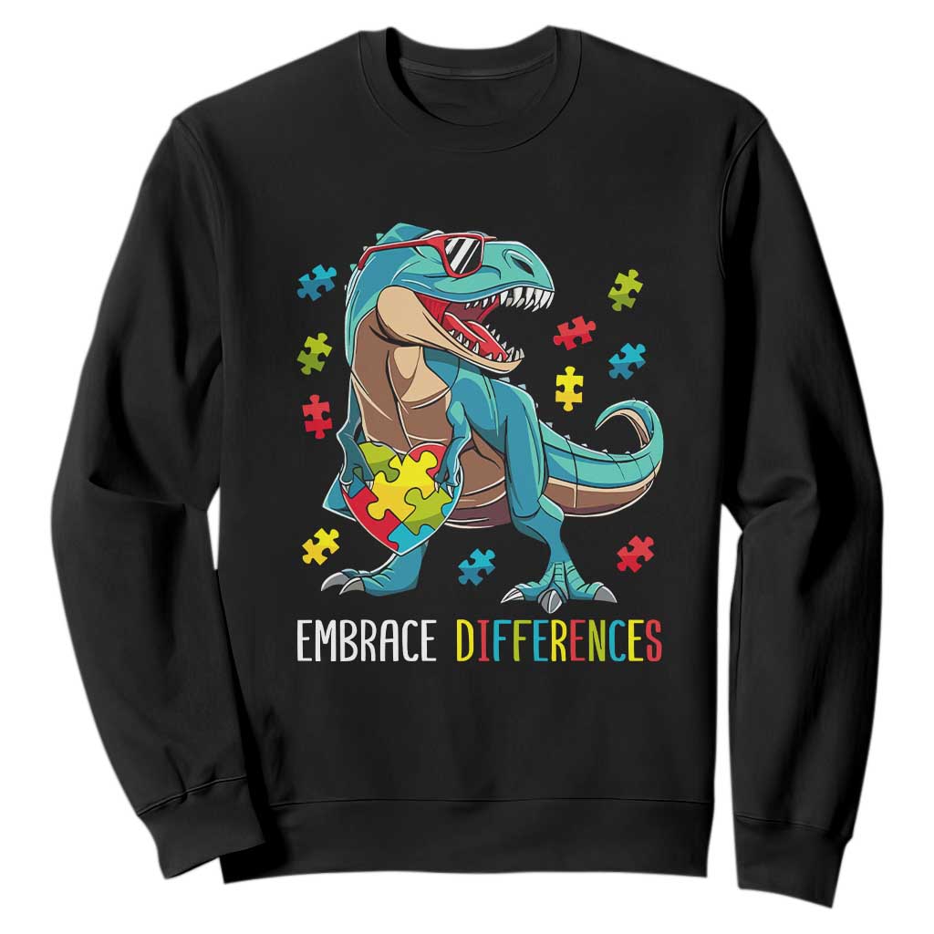 Dinosaur Autism Sweatshirt Embrace Differences Proud Autistic Puzzle Heart TS01 Black Printyourwear
