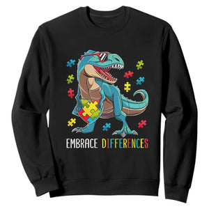 Dinosaur Autism Sweatshirt Embrace Differences Proud Autistic Puzzle Heart TS01 Black Printyourwear