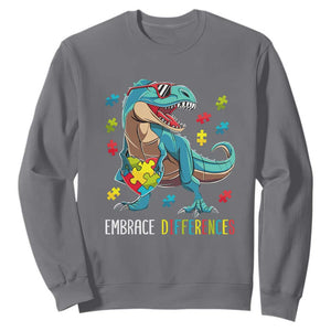 Dinosaur Autism Sweatshirt Embrace Differences Proud Autistic Puzzle Heart TS01 Charcoal Printyourwear