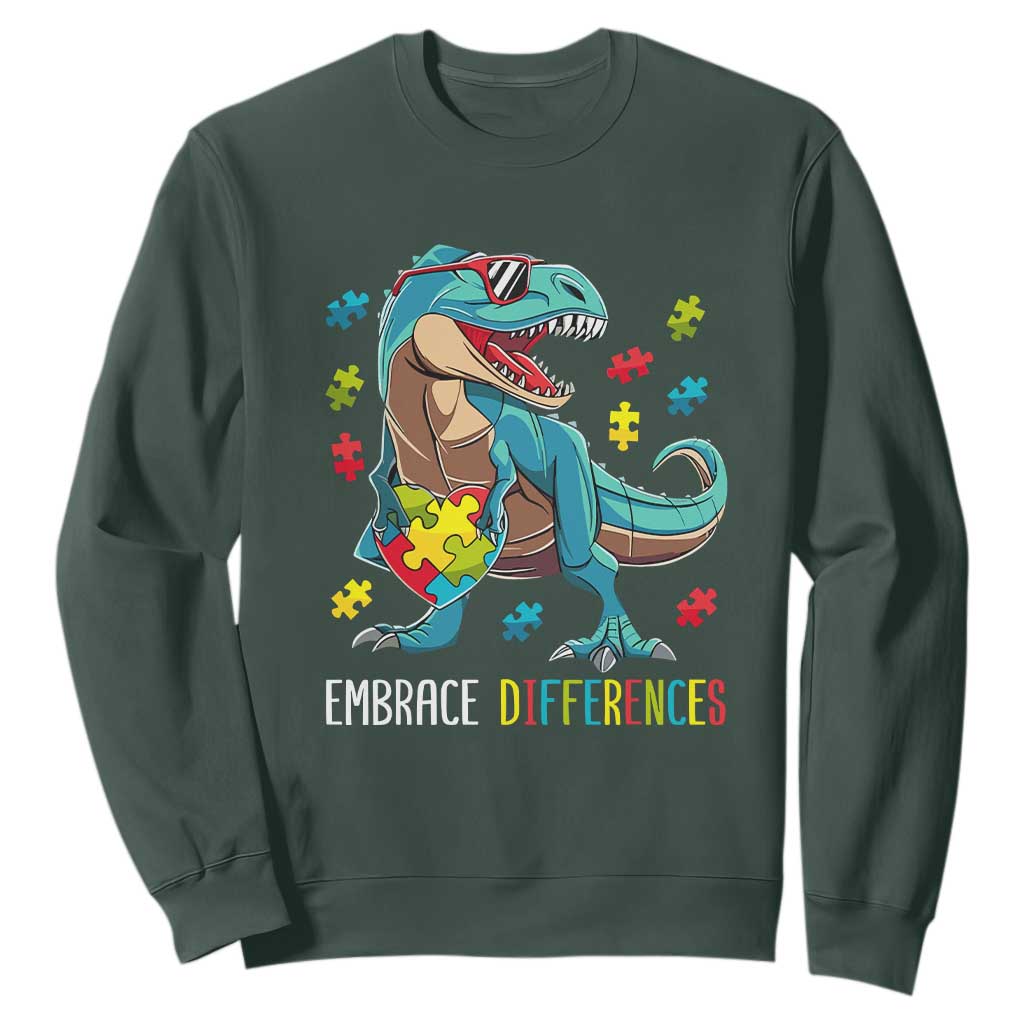 Dinosaur Autism Sweatshirt Embrace Differences Proud Autistic Puzzle Heart TS01 Dark Forest Green Printyourwear