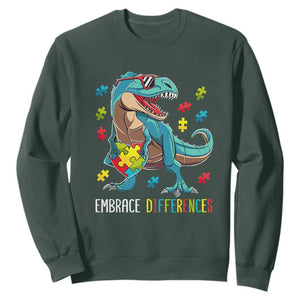 Dinosaur Autism Sweatshirt Embrace Differences Proud Autistic Puzzle Heart TS01 Dark Forest Green Printyourwear
