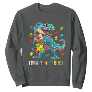 Dinosaur Autism Sweatshirt Embrace Differences Proud Autistic Puzzle Heart TS01 Dark Heather Printyourwear