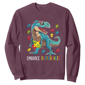 Dinosaur Autism Sweatshirt Embrace Differences Proud Autistic Puzzle Heart TS01 Maroon Printyourwear