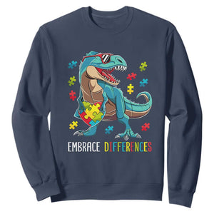 Dinosaur Autism Sweatshirt Embrace Differences Proud Autistic Puzzle Heart TS01 Navy Printyourwear
