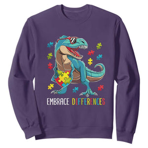 Dinosaur Autism Sweatshirt Embrace Differences Proud Autistic Puzzle Heart TS01 Purple Printyourwear