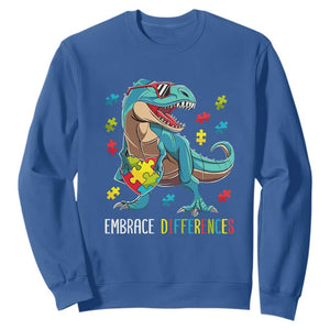 Dinosaur Autism Sweatshirt Embrace Differences Proud Autistic Puzzle Heart TS01 Royal Blue Printyourwear