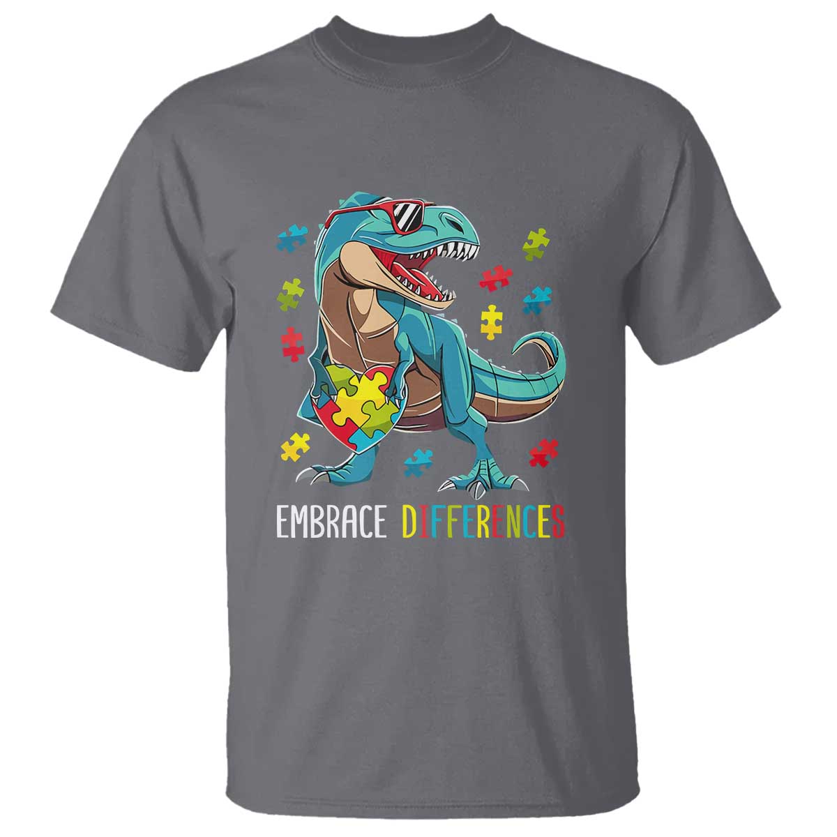 Dinosaur Autism T Shirt Embrace Differences Proud Autistic Puzzle Heart TS01 Charcoal Printyourwear