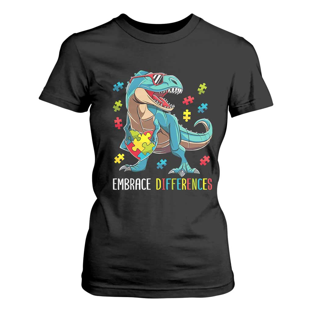 Dinosaur Autism T Shirt For Women Embrace Differences Proud Autistic Puzzle Heart TS01 Black Printyourwear