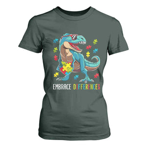Dinosaur Autism T Shirt For Women Embrace Differences Proud Autistic Puzzle Heart TS01 Dark Forest Green Printyourwear