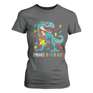 Dinosaur Autism T Shirt For Women Embrace Differences Proud Autistic Puzzle Heart TS01 Dark Heather Printyourwear