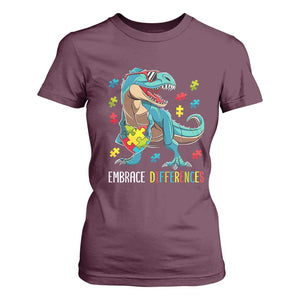 Dinosaur Autism T Shirt For Women Embrace Differences Proud Autistic Puzzle Heart TS01 Maroon Printyourwear