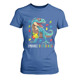 Dinosaur Autism T Shirt For Women Embrace Differences Proud Autistic Puzzle Heart TS01 Royal Blue Printyourwear