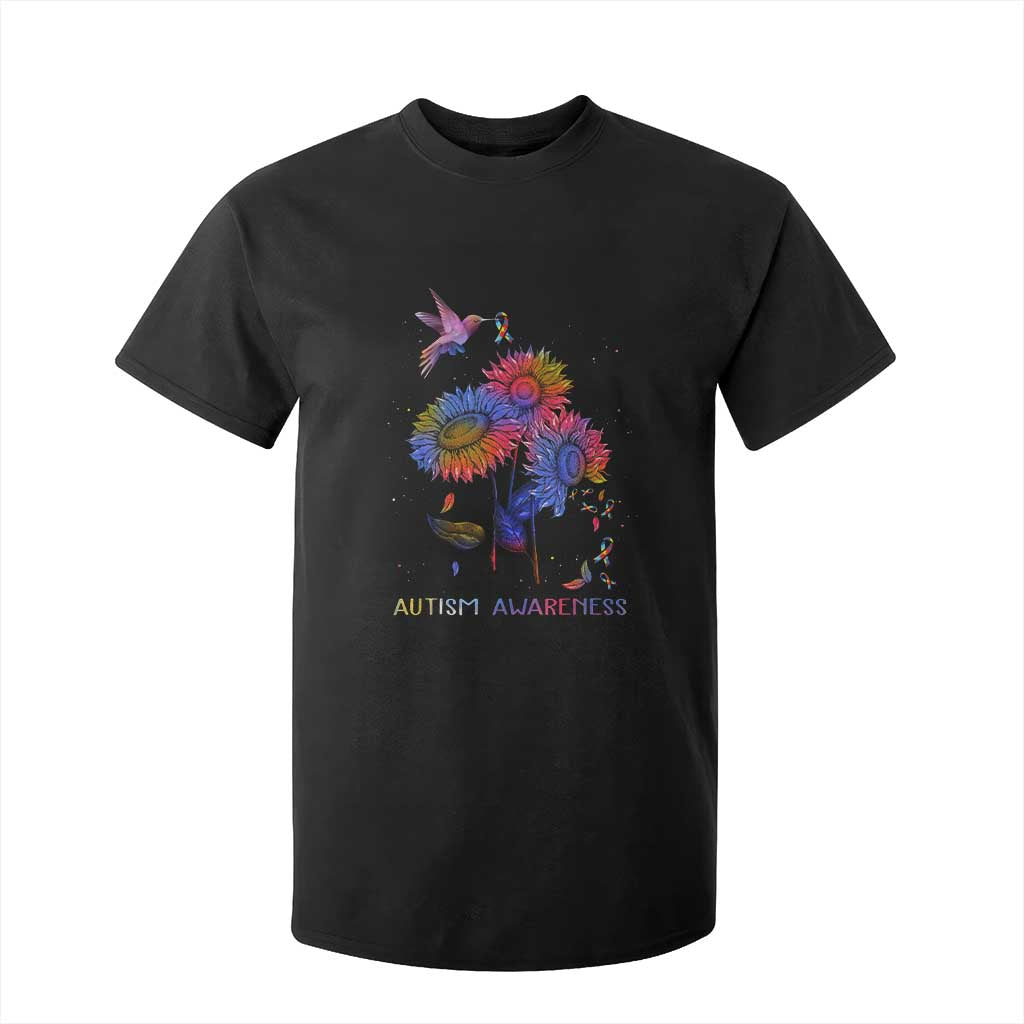 Autism Awareness T Shirt For Kid Colorful Sunflower With Bird Spectrum Ribbon TS01 Black Printyourwear