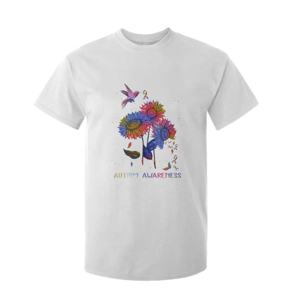 Autism Awareness T Shirt For Kid Colorful Sunflower With Bird Spectrum Ribbon TS01 White Printyourwear