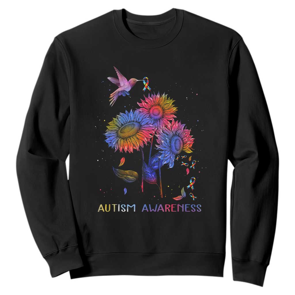 Autism Awareness Sweatshirt Colorful Sunflower With Bird Spectrum Ribbon TS01 Black Printyourwear