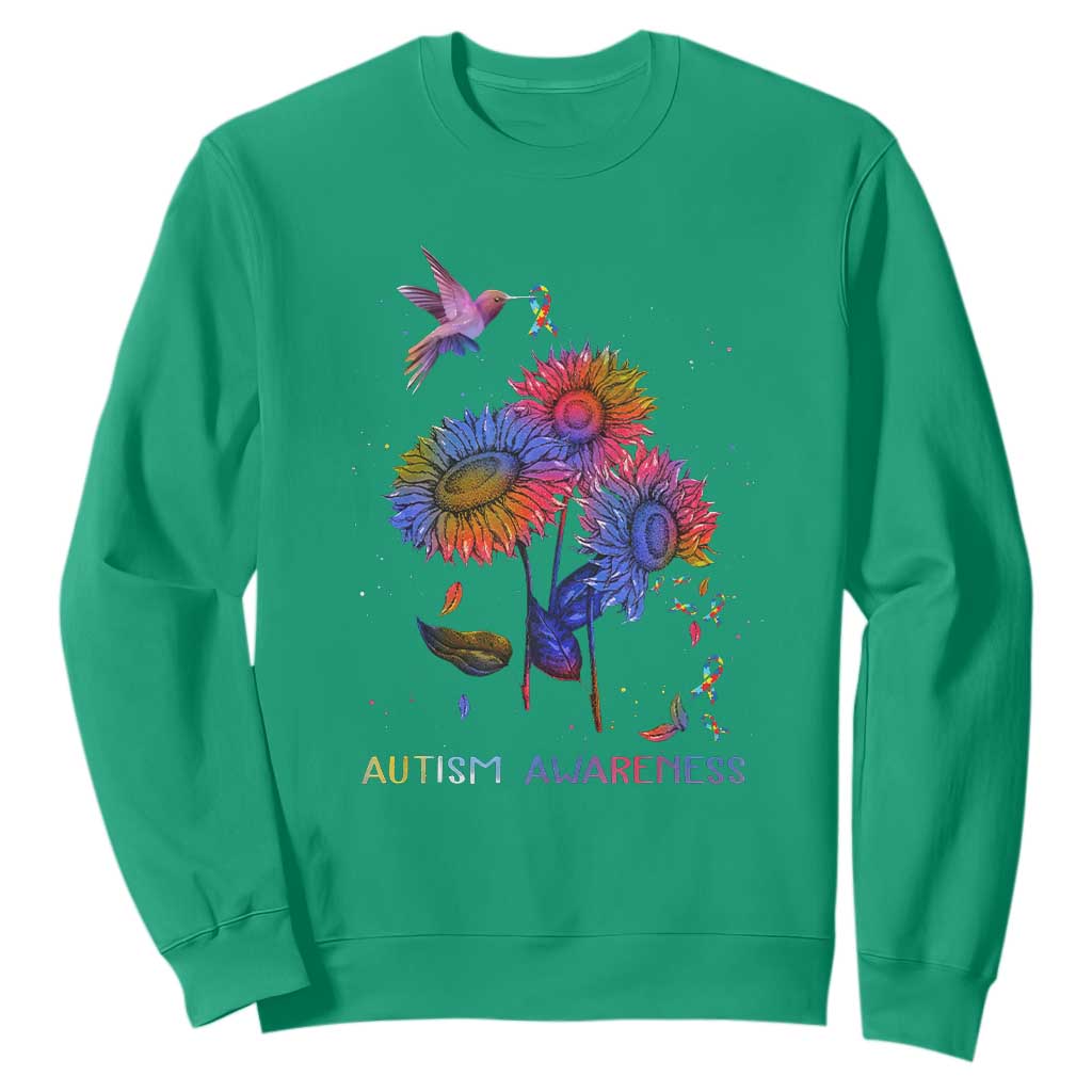 Autism Awareness Sweatshirt Colorful Sunflower With Bird Spectrum Ribbon TS01 Irish Green Printyourwear