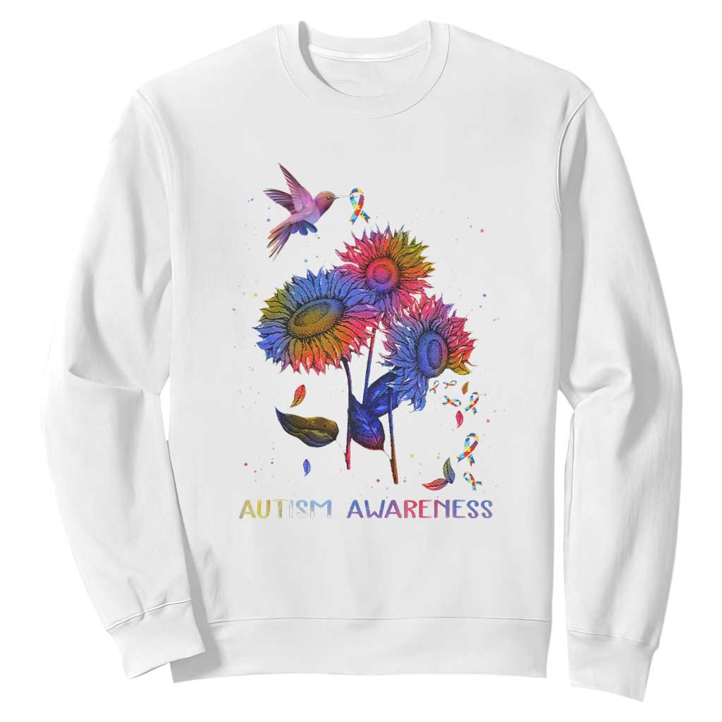 Autism Awareness Sweatshirt Colorful Sunflower With Bird Spectrum Ribbon TS01 White Printyourwear