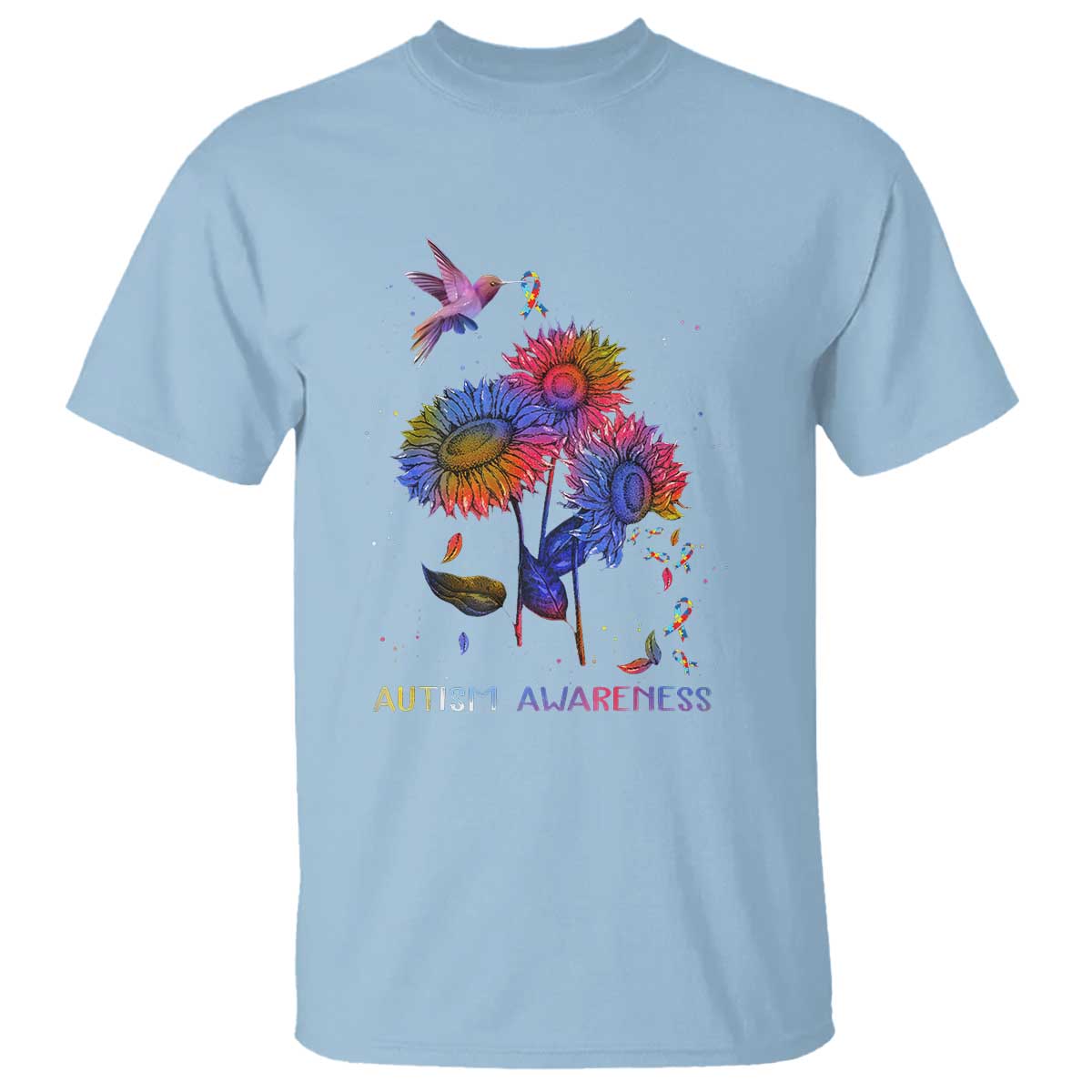 Autism Awareness T Shirt Colorful Sunflower With Bird Spectrum Ribbon TS01 Light Blue Printyourwear