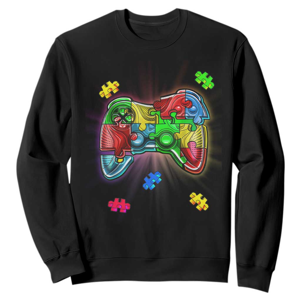 Autism Awareness Gamer Sweatshirt Video Game Control Puzzle Piece TS01 Black Printyourwear