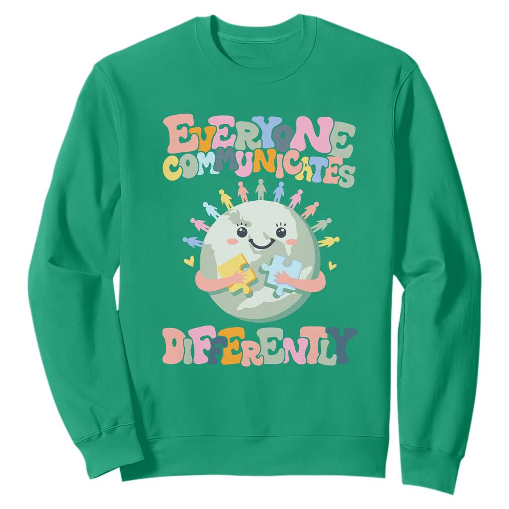 Autism Acceptance Sweatshirt Everyone Communicates Differently Embrace Autism Be Kind TS01 Irish Green Printyourwear