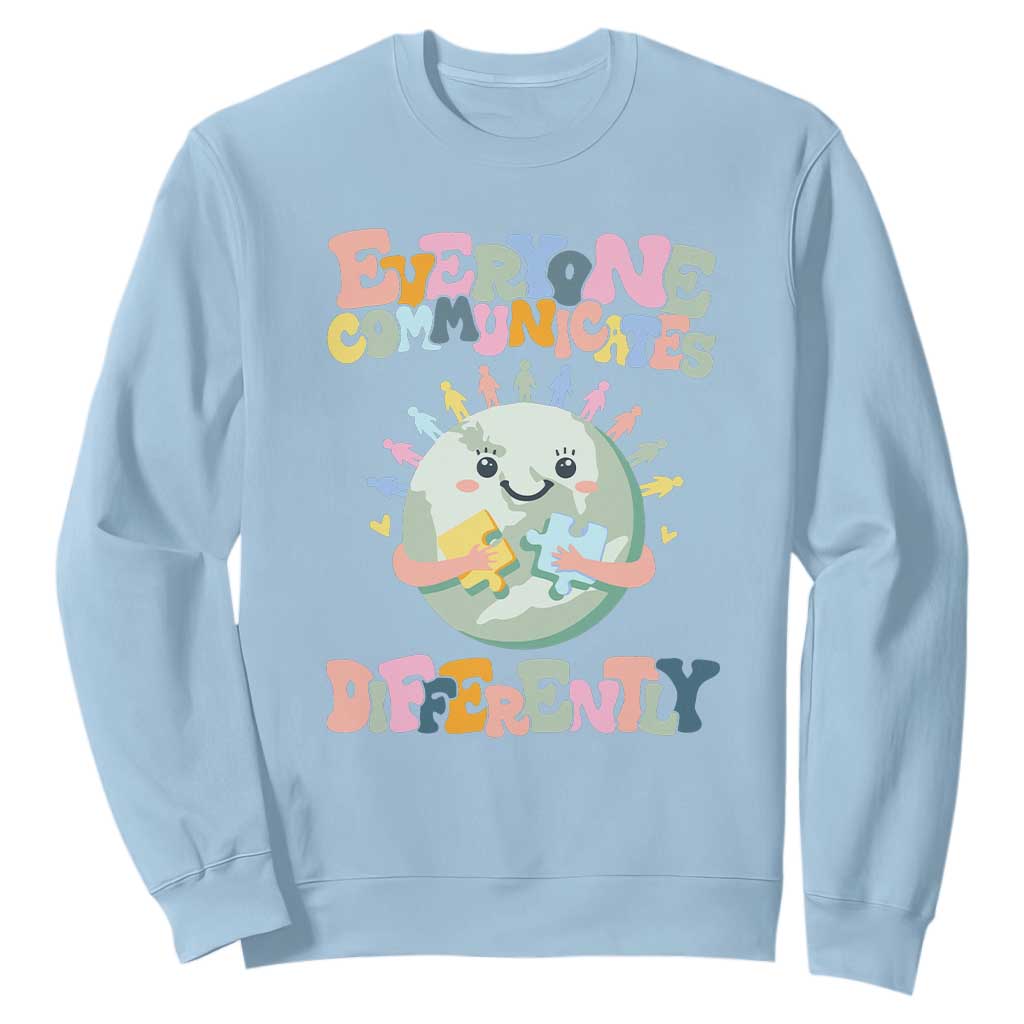 Autism Acceptance Sweatshirt Everyone Communicates Differently Embrace Autism Be Kind TS01 Light Blue Printyourwear