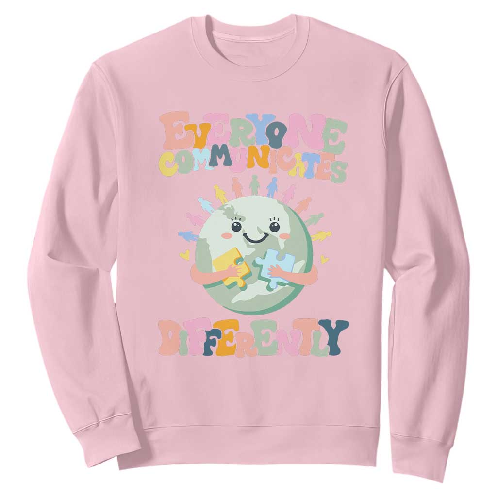 Autism Acceptance Sweatshirt Everyone Communicates Differently Embrace Autism Be Kind TS01 Light Pink Printyourwear