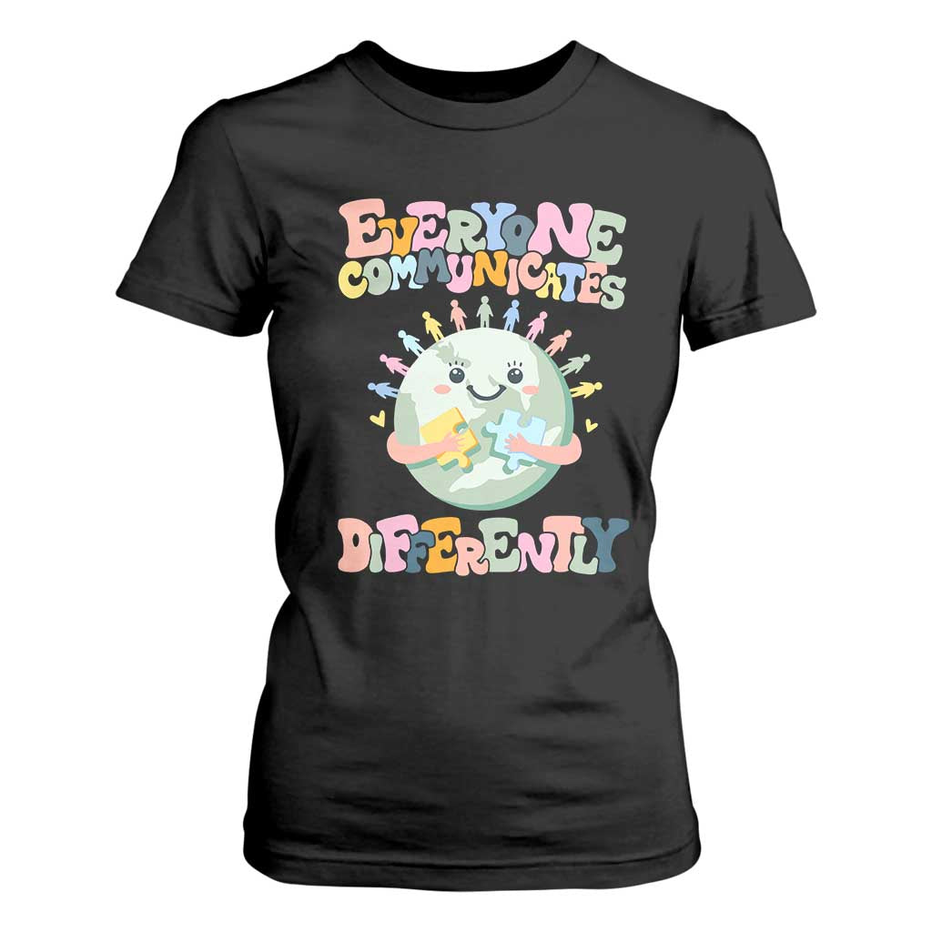 Autism Acceptance T Shirt For Women Everyone Communicates Differently Embrace Autism Be Kind TS01 Black Printyourwear