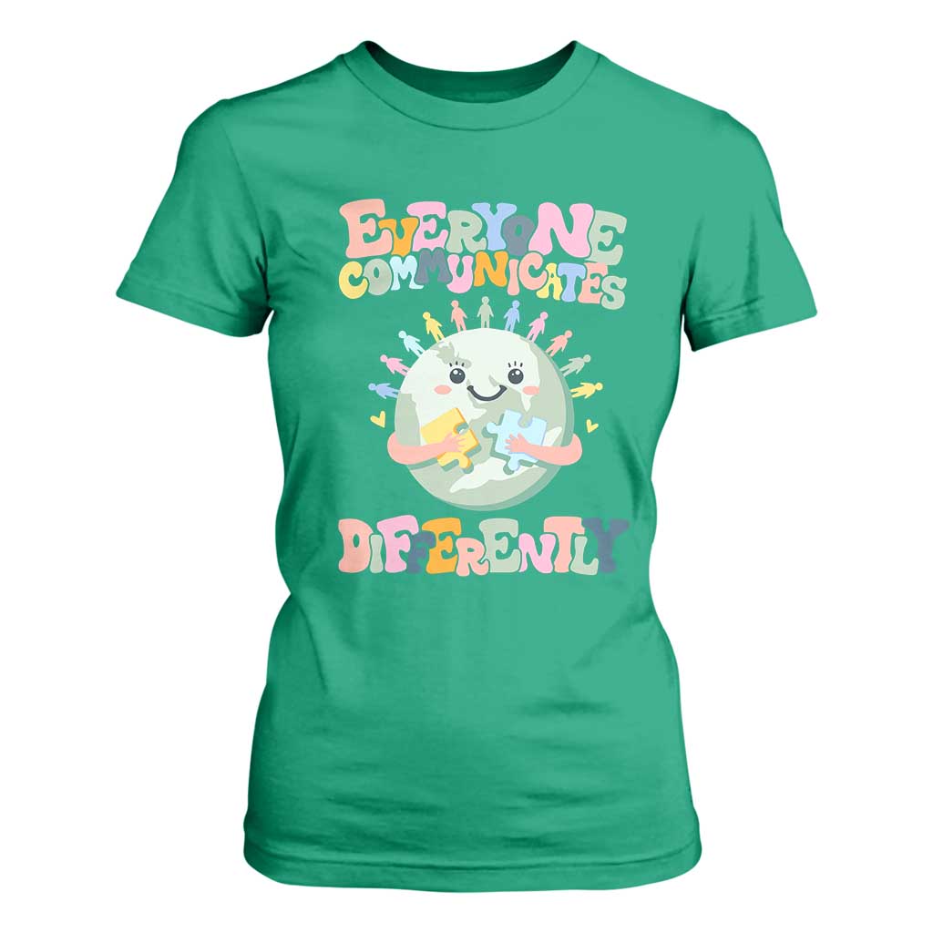 Autism Acceptance T Shirt For Women Everyone Communicates Differently Embrace Autism Be Kind TS01 Irish Green Printyourwear