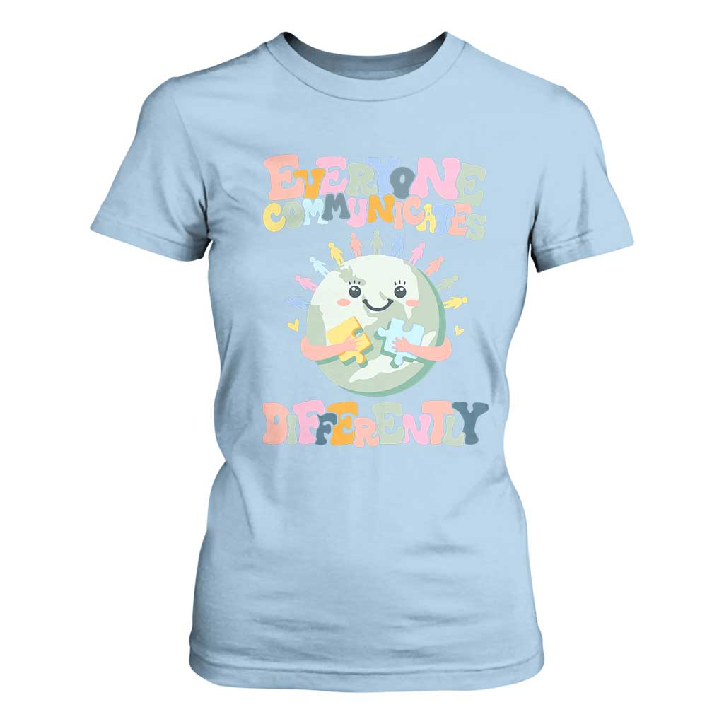 Autism Acceptance T Shirt For Women Everyone Communicates Differently Embrace Autism Be Kind TS01 Light Blue Printyourwear