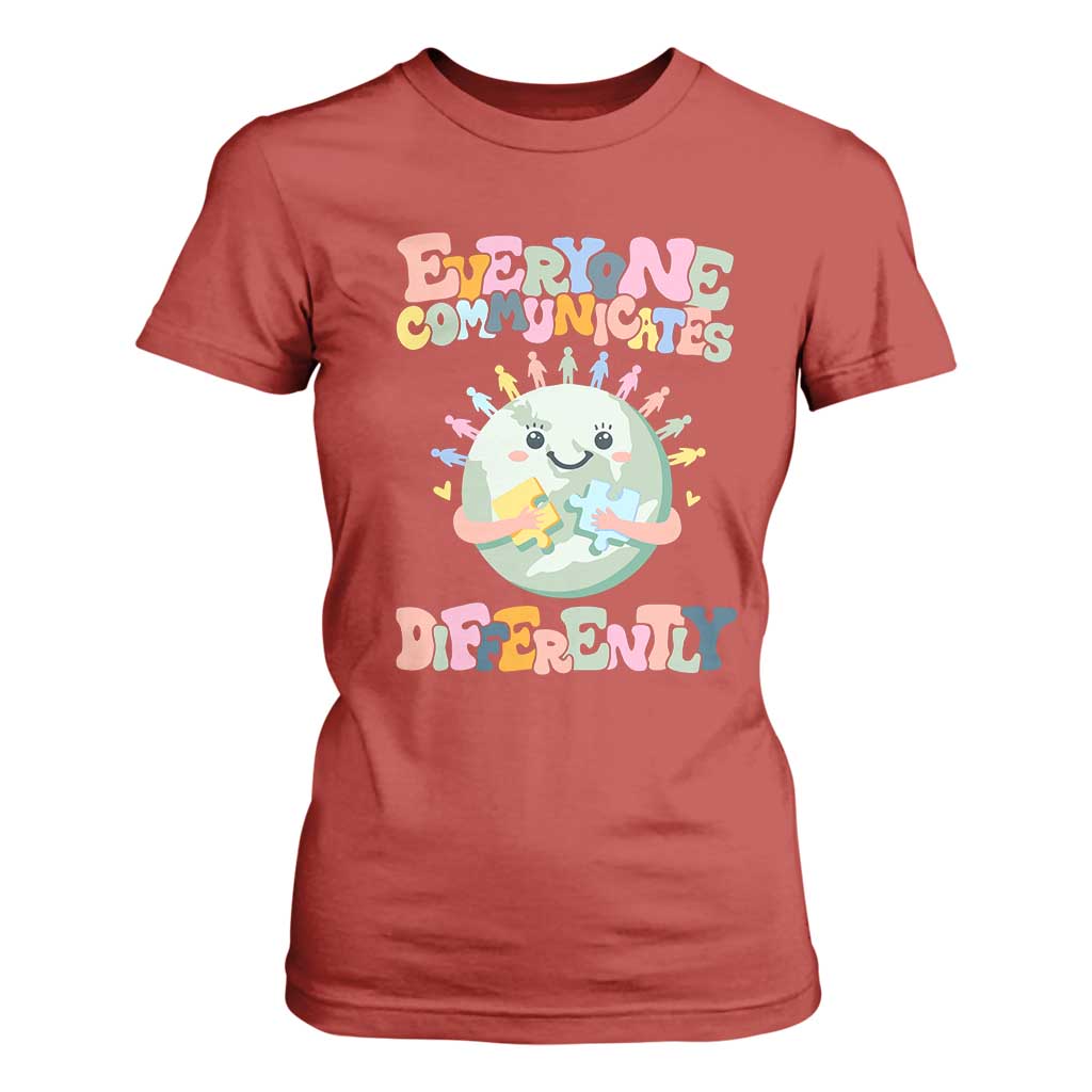 Autism Acceptance T Shirt For Women Everyone Communicates Differently Embrace Autism Be Kind TS01 Red Printyourwear