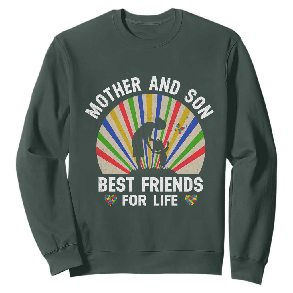 Autism Mom Sweatshirt Mother And Son Best Friends For Life Retro TS01 Dark Forest Green Printyourwear