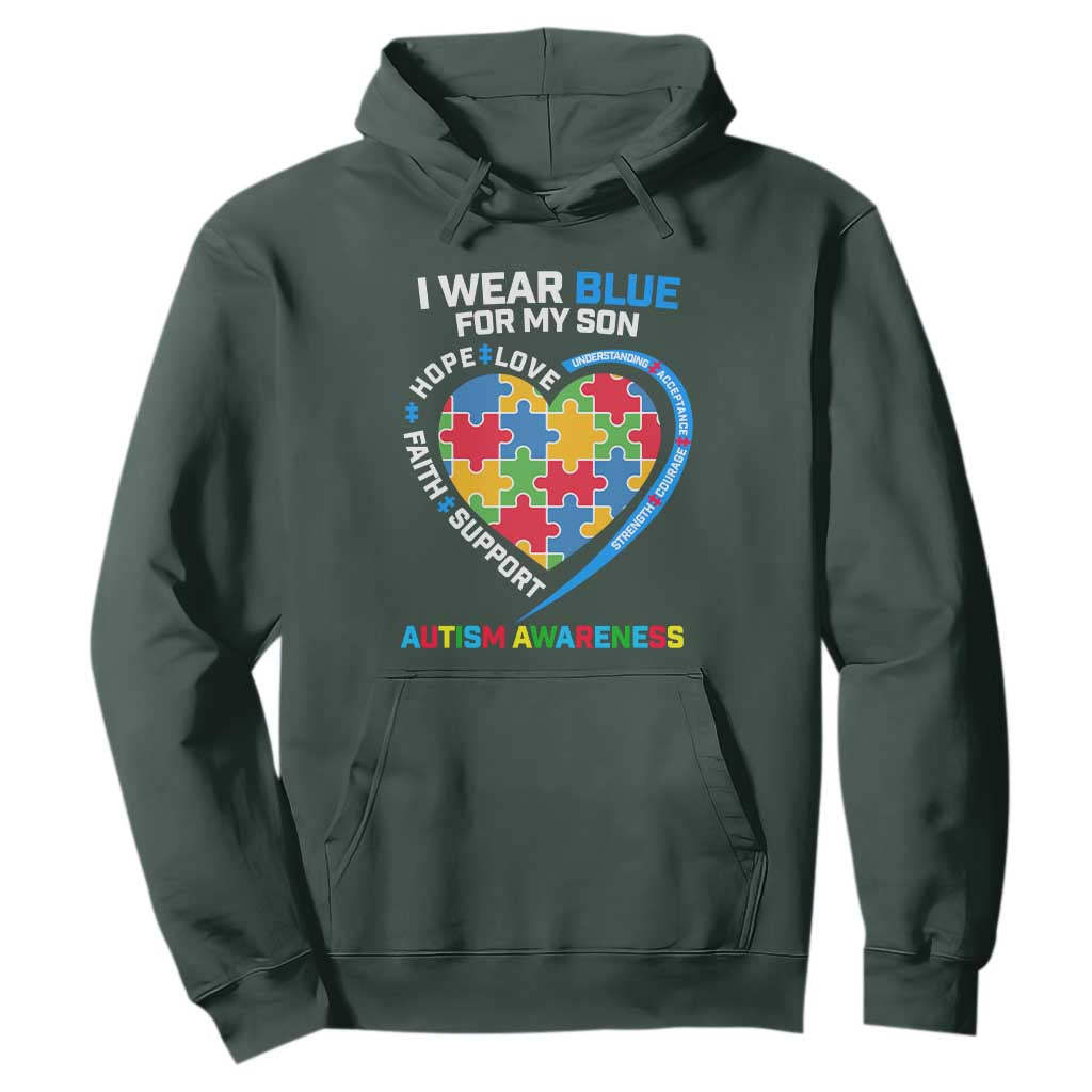 Autism Parents Hoodie I Wear Blue For My Son, Understanding Acceptance Courage Strength, Puzzle Heart TS01 Dark Forest Green Printyourwear