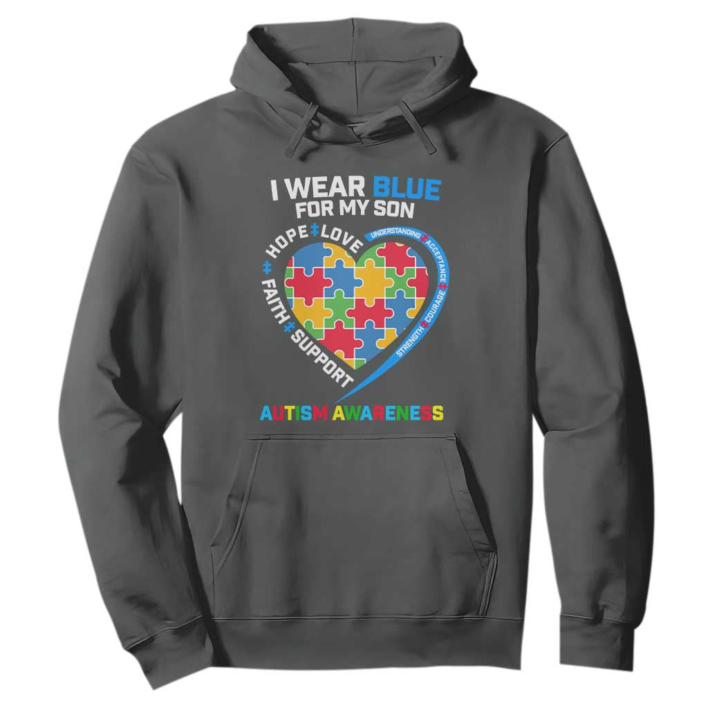 Autism Parents Hoodie I Wear Blue For My Son, Understanding Acceptance Courage Strength, Puzzle Heart TS01 Dark Heather Printyourwear