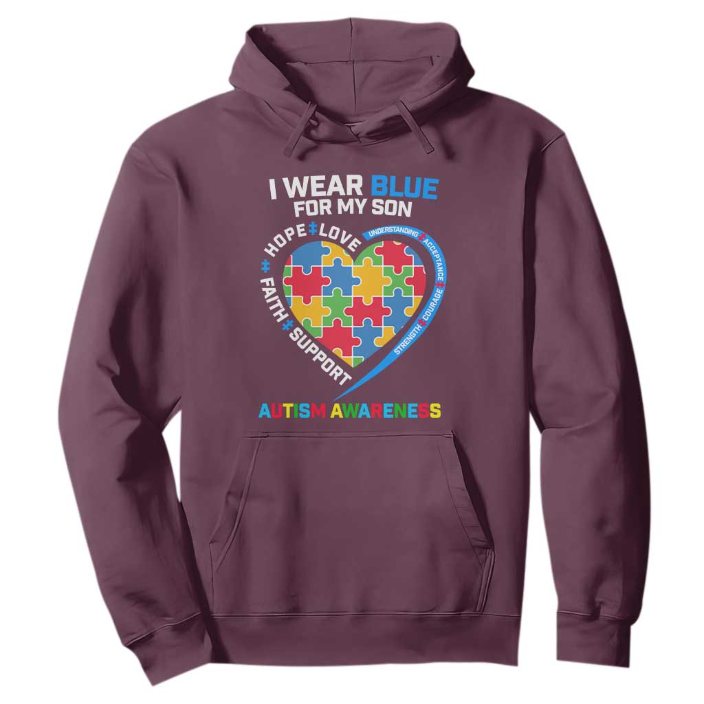 Autism Parents Hoodie I Wear Blue For My Son, Understanding Acceptance Courage Strength, Puzzle Heart TS01 Maroon Printyourwear