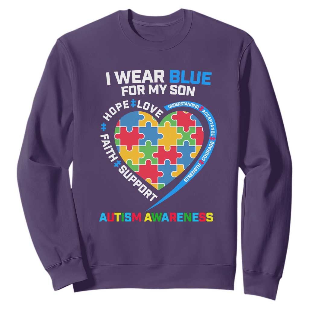 Autism Parents Sweatshirt I Wear Blue For My Son, Understanding Acceptance Courage Strength, Puzzle Heart TS01 Purple Printyourwear