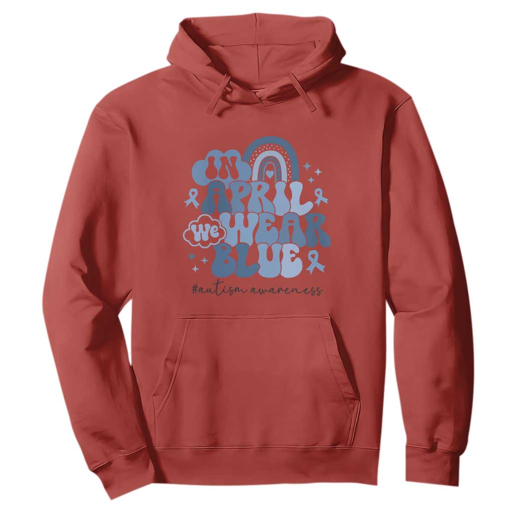 Autism Awareness Hoodie In April We Wear Blue Rainbow Retro Groovy TS01 Red Printyourwear