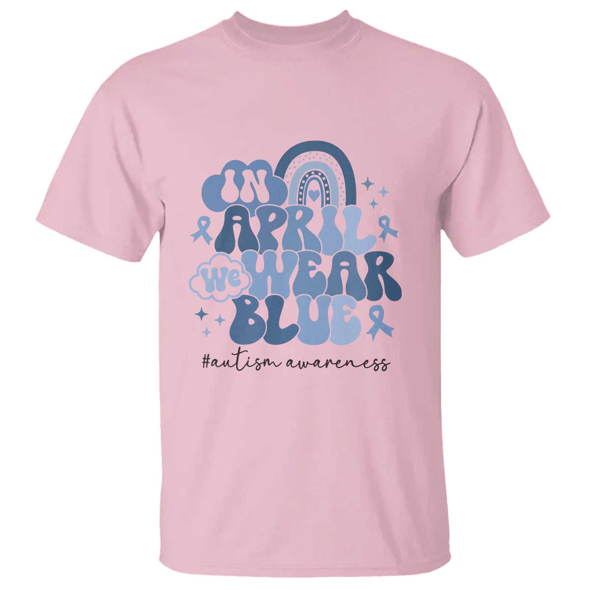 Autism Awareness T Shirt In April We Wear Blue Rainbow Retro Groovy TS01 Light Pink Printyourwear