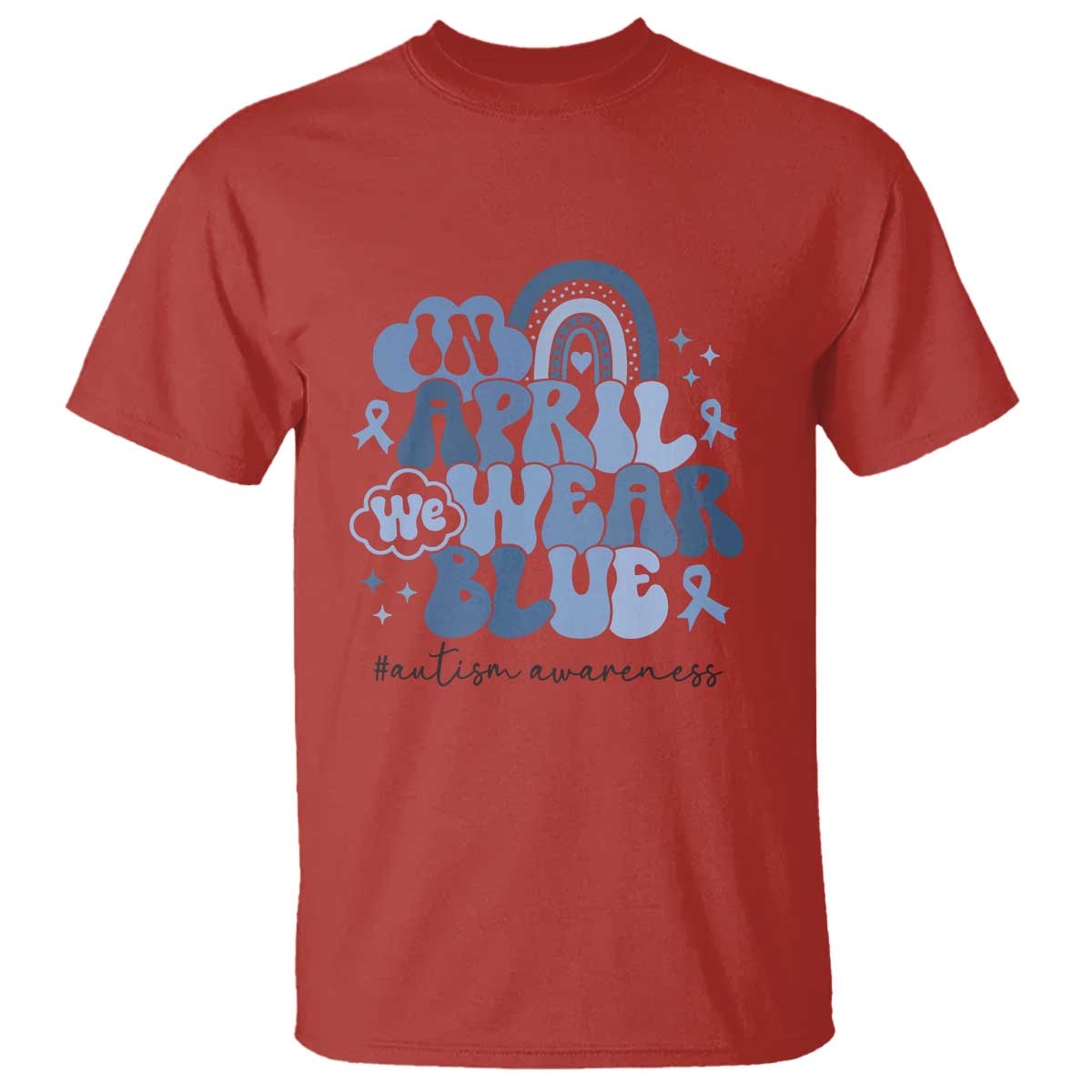 Autism Awareness T Shirt In April We Wear Blue Rainbow Retro Groovy TS01 Red Printyourwear
