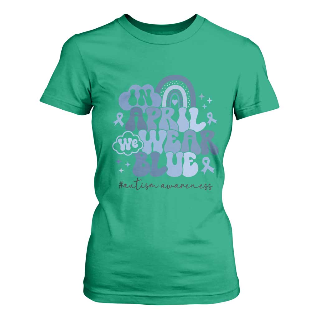 Autism Awareness T Shirt For Women In April We Wear Blue Rainbow Retro Groovy TS01 Irish Green Printyourwear