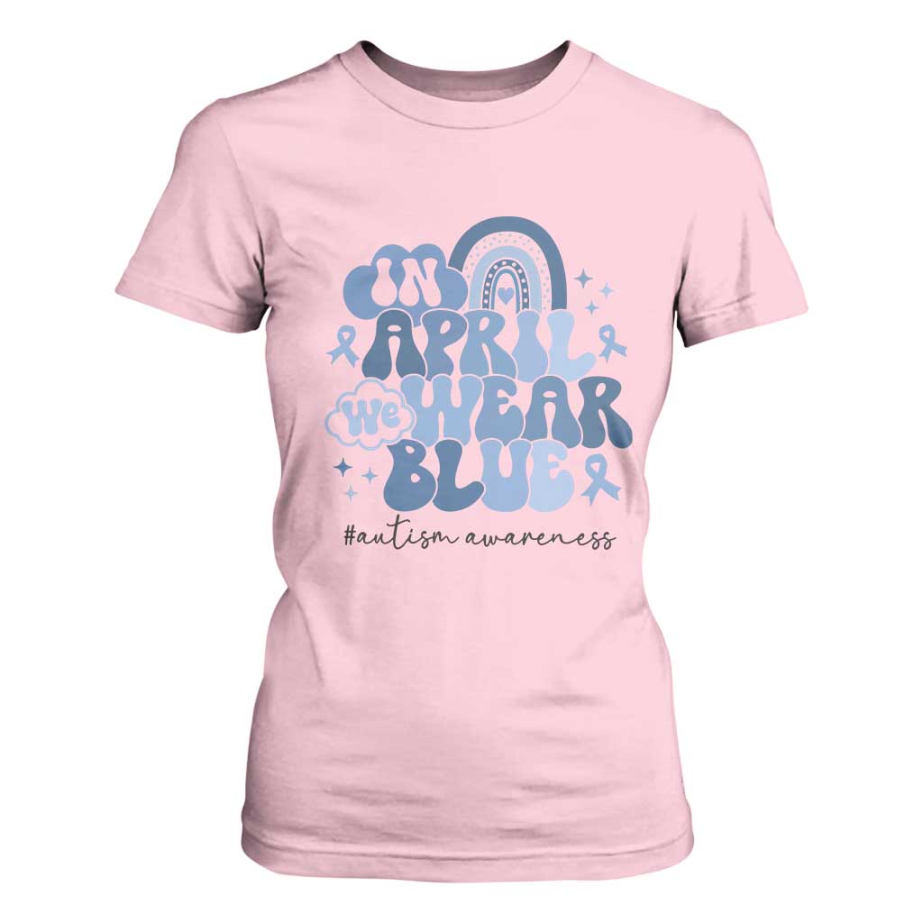 Autism Awareness T Shirt For Women In April We Wear Blue Rainbow Retro Groovy TS01 Light Pink Printyourwear
