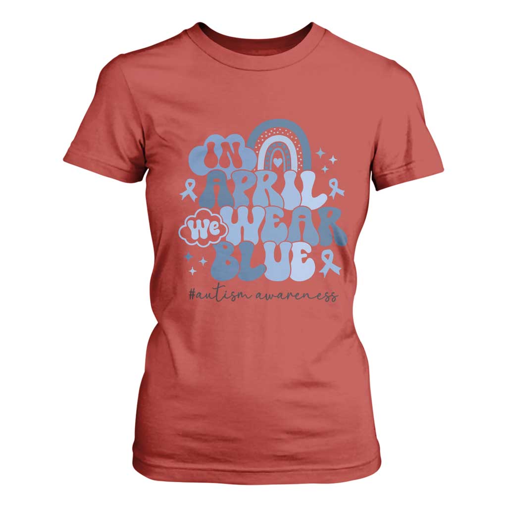 Autism Awareness T Shirt For Women In April We Wear Blue Rainbow Retro Groovy TS01 Red Printyourwear
