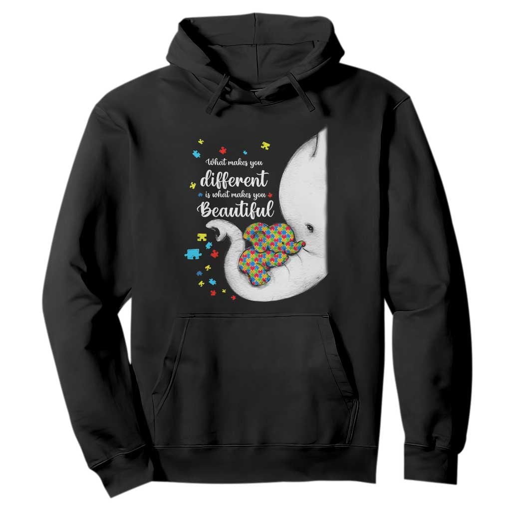 Elephant Autism Hoodie What Makes You Different Is What Makes You Beautiful Puzzle Pieces TS01 Black Printyourwear