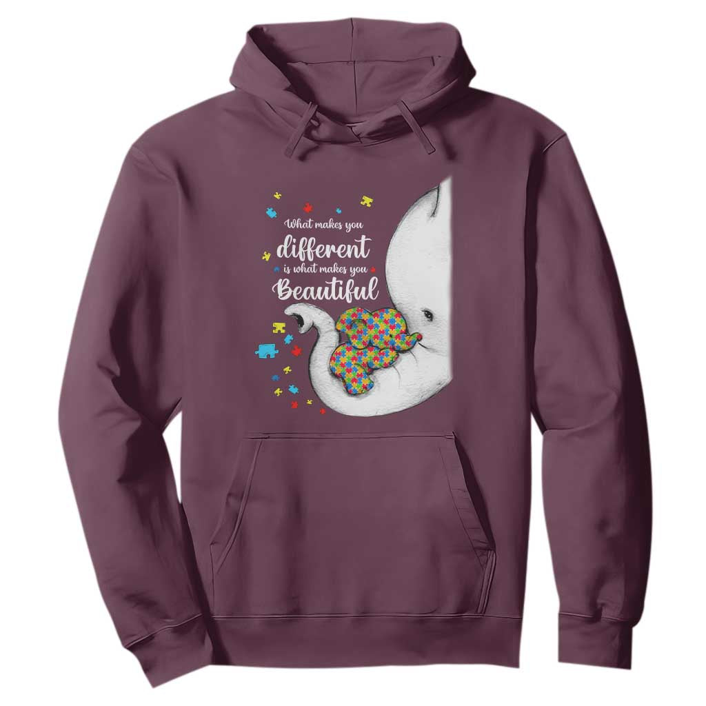 Elephant Autism Hoodie What Makes You Different Is What Makes You Beautiful Puzzle Pieces TS01 Maroon Printyourwear